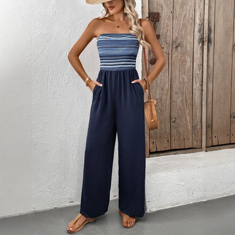 Patchwork Striped Bandeau Jumpsuit with Wide Legs