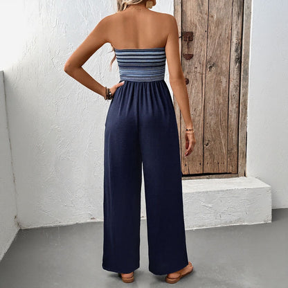 Patchwork Striped Bandeau Jumpsuit with Wide Legs