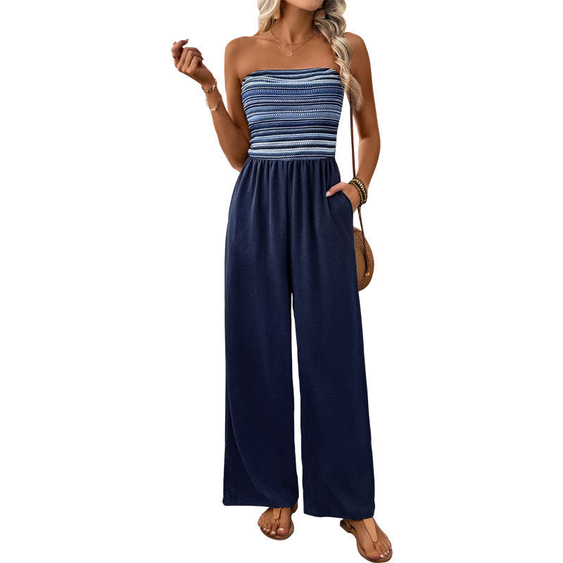 Patchwork Striped Bandeau Jumpsuit with Wide Legs
