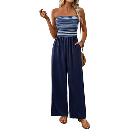 Patchwork Striped Bandeau Jumpsuit with Wide Legs