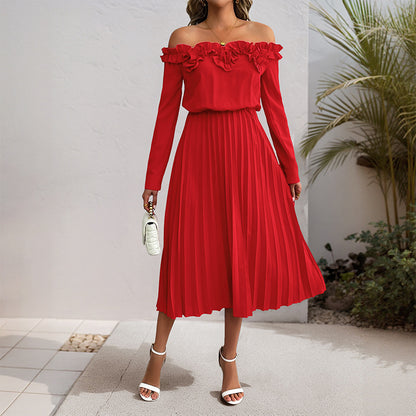 Solid Pleated Midi Dress with Off-Shoulder Ruffle Neckline