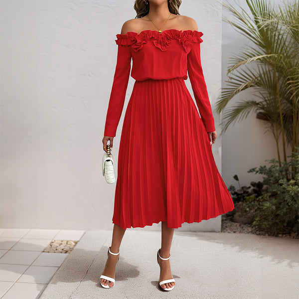 Solid Pleated Midi Dress with Off-Shoulder Ruffle Neckline