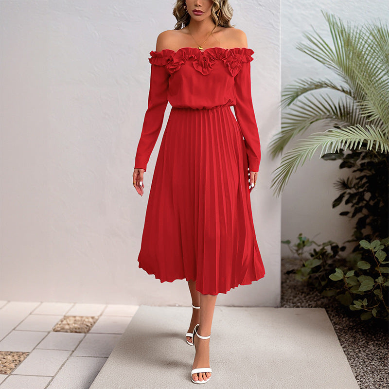 Solid Pleated Midi Dress with Off-Shoulder Ruffle Neckline