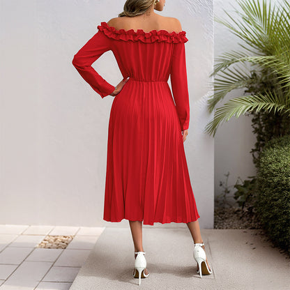 Solid Pleated Midi Dress with Off-Shoulder Ruffle Neckline