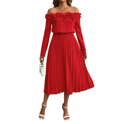 Solid Pleated Midi Dress with Off-Shoulder Ruffle Neckline