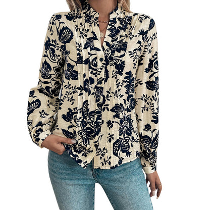 Floral Print Shirt with Stand Collar and Pleated Front
