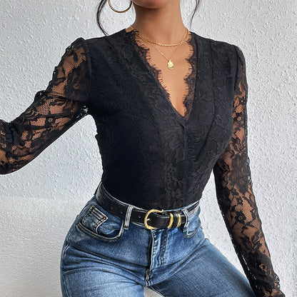 Bodycon Lace Bodysuit with V-Neck and Long Sleeves