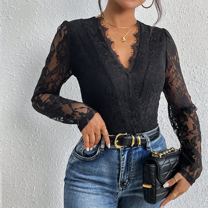 Bodycon Lace Bodysuit with V-Neck and Long Sleeves