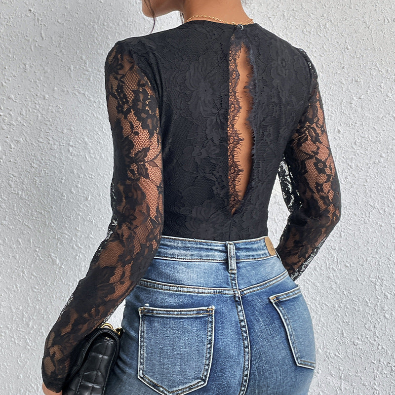 Bodycon Lace Bodysuit with V-Neck and Long Sleeves