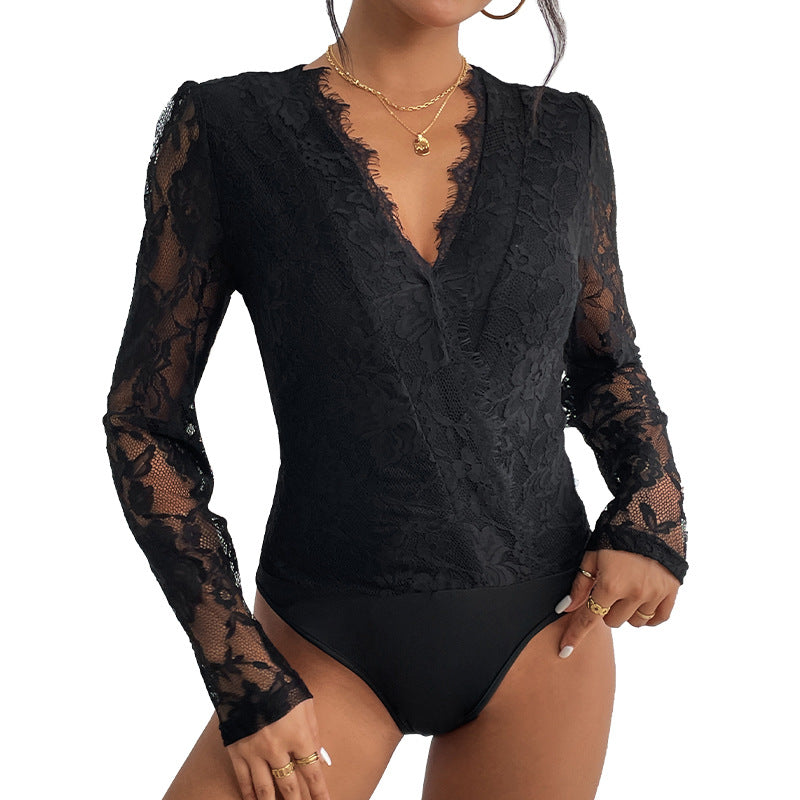 Bodycon Lace Bodysuit with V-Neck and Long Sleeves