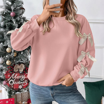 Loose Fit Solid Sweatshirt with Bow Detail Lantern Sleeves