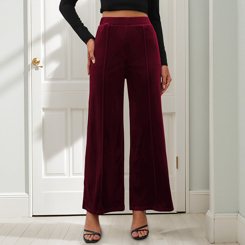 Wide-Leg Velvet Pants with High Waist and Front Seam