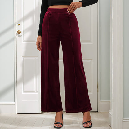 Wide-Leg Velvet Pants with High Waist and Front Seam