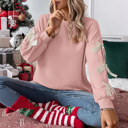 Loose Fit Solid Sweatshirt with Bow Detail Lantern Sleeves