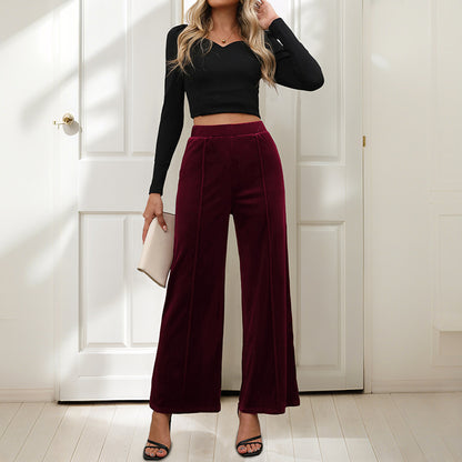 Wide-Leg Velvet Pants with High Waist and Front Seam