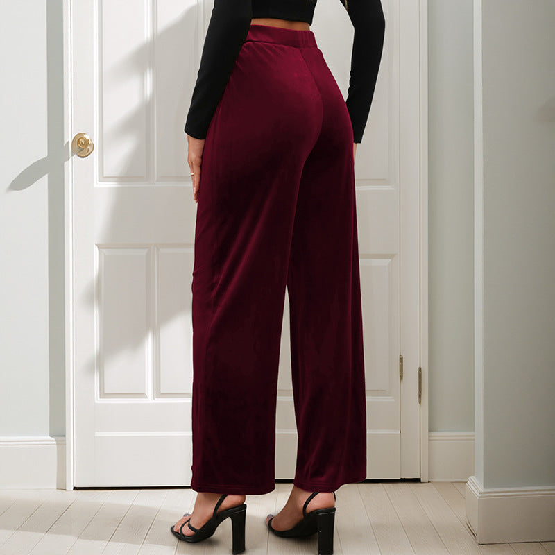 Wide-Leg Velvet Pants with High Waist and Front Seam