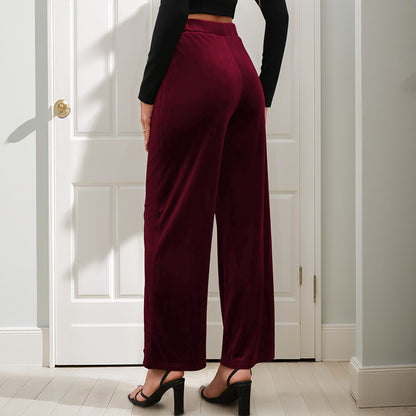 Wide-Leg Velvet Pants with High Waist and Front Seam