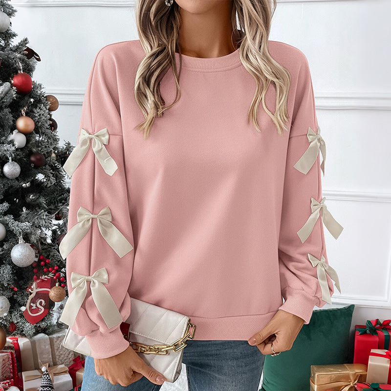Loose Fit Solid Sweatshirt with Bow Detail Lantern Sleeves