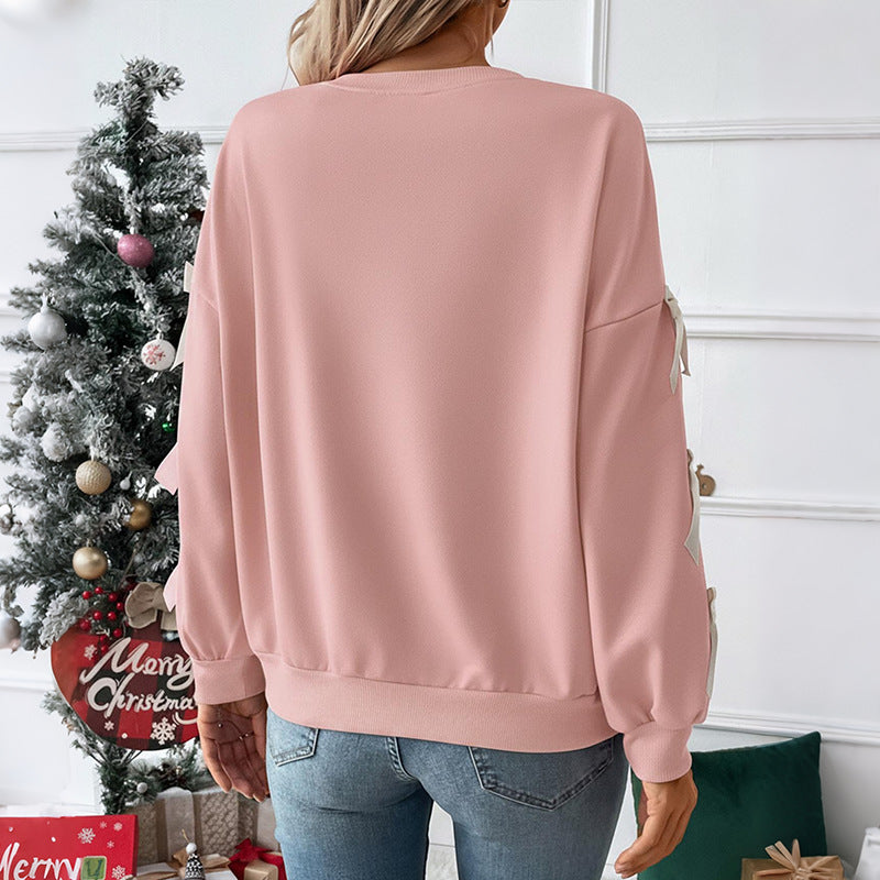 Loose Fit Solid Sweatshirt with Bow Detail Lantern Sleeves