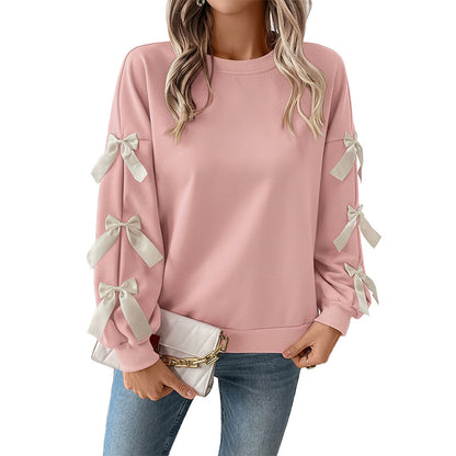 Loose Fit Solid Sweatshirt with Bow Detail Lantern Sleeves
