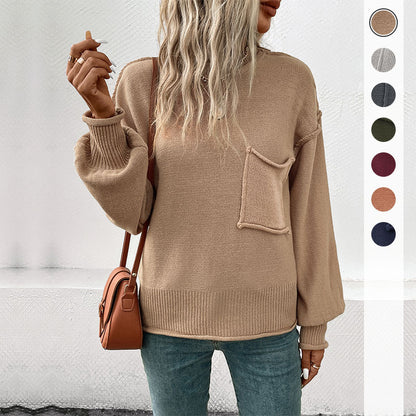 Solid Color Loose Knit Sweater with Front Pocket and Round Neck
