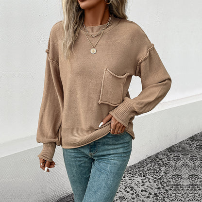Solid Color Loose Knit Sweater with Front Pocket and Round Neck