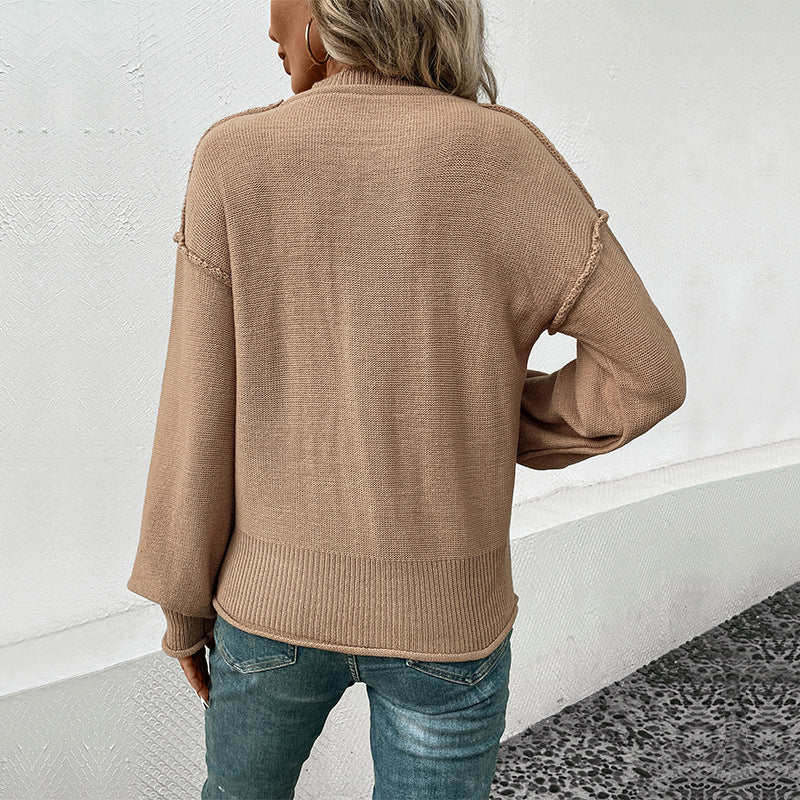 Solid Color Loose Knit Sweater with Front Pocket and Round Neck