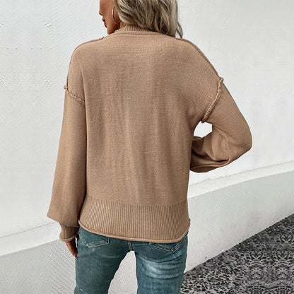Solid Color Loose Knit Sweater with Front Pocket and Round Neck