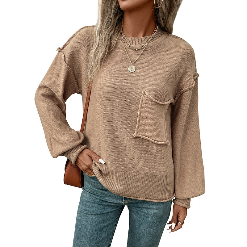 Solid Color Loose Knit Sweater with Front Pocket and Round Neck