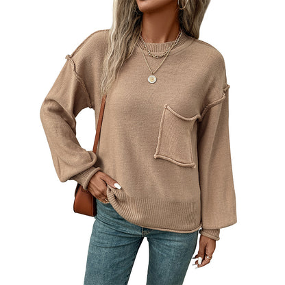 Solid Color Loose Knit Sweater with Front Pocket and Round Neck