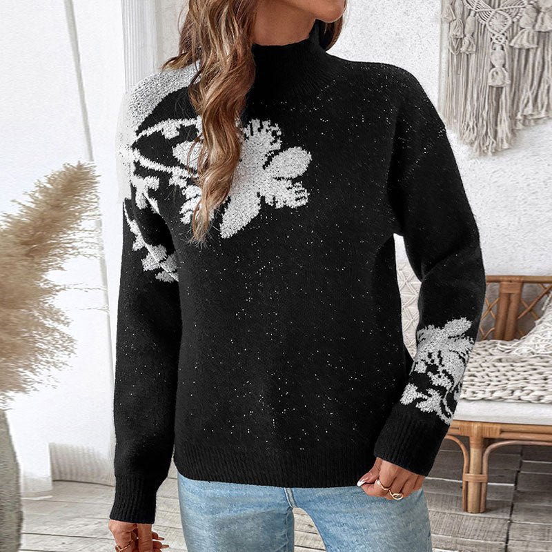 Black Floral Jacquard Turtleneck Sweater with Speckled Knit