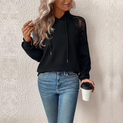 Loose Fit Black Hoodie with Lace Raglan Sleeves