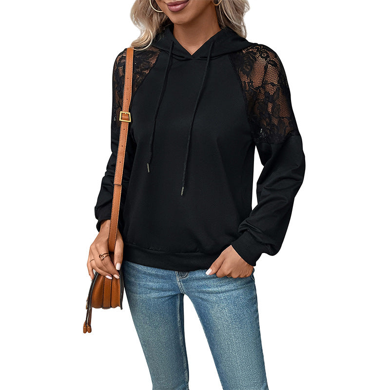 Loose Fit Black Hoodie with Lace Raglan Sleeves