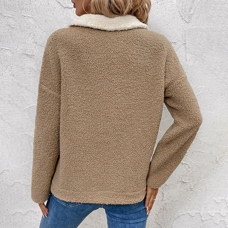 Color Block Sherpa Pullover with Quarter-Zip Stand Collar