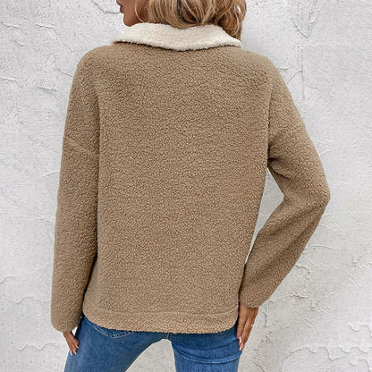 Color Block Sherpa Pullover with Quarter-Zip Stand Collar