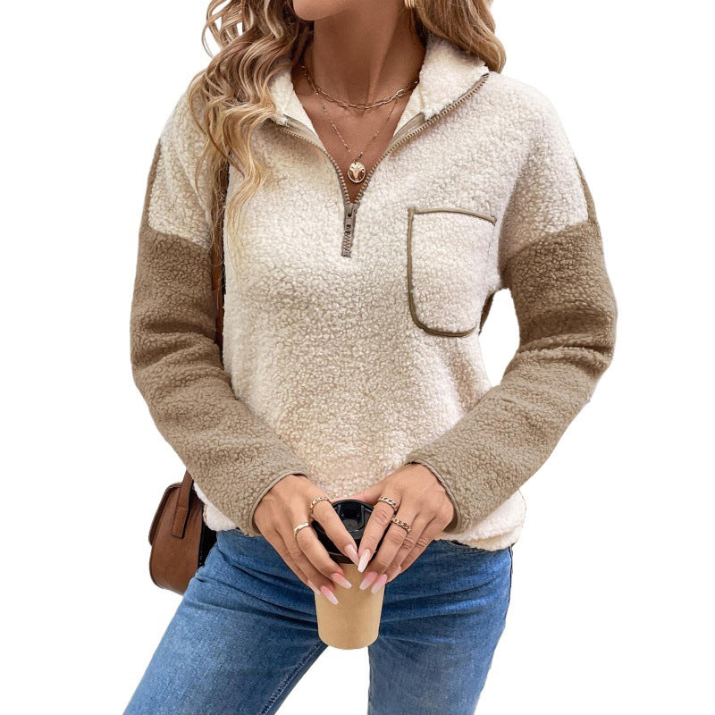 Color Block Sherpa Pullover with Quarter-Zip Stand Collar