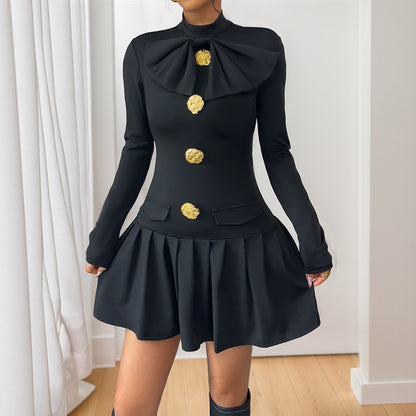 Solid A-Line Mini Dress with Bow-Knot and Half Turtleneck