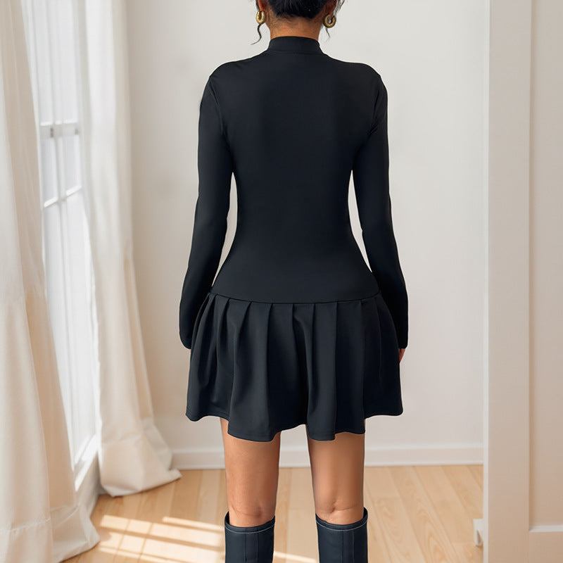 Solid A-Line Mini Dress with Bow-Knot and Half Turtleneck