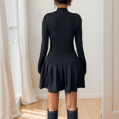 Solid A-Line Mini Dress with Bow-Knot and Half Turtleneck
