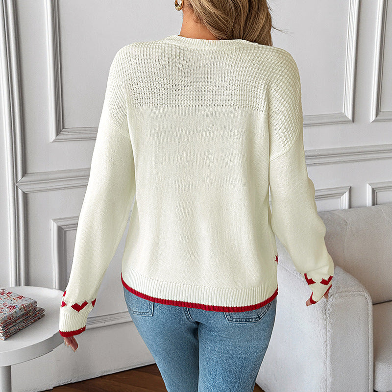 Heart Jacquard Knit Pullover with Contrast Cuffs