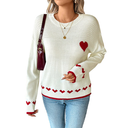 Heart Jacquard Knit Pullover with Contrast Cuffs