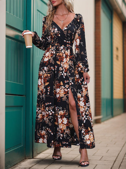 Floral A-Line Dress with V-Neck, Long Sleeves, and Slit