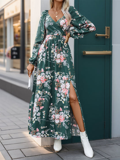 Floral A-Line Dress with V-Neck, Long Sleeves, and Slit