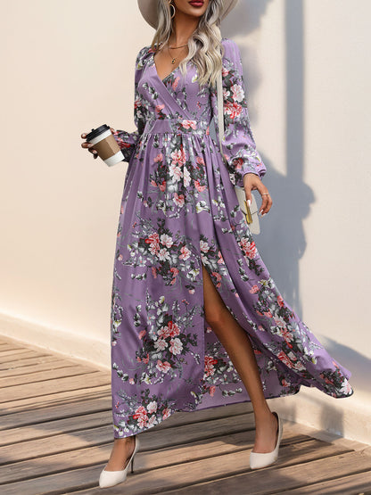 Floral A-Line Dress with V-Neck, Long Sleeves, and Slit