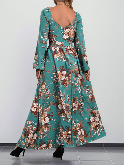 Floral A-Line Dress with V-Neck, Long Sleeves, and Slit