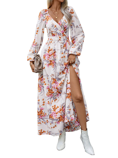 Floral A-Line Dress with V-Neck, Long Sleeves, and Slit
