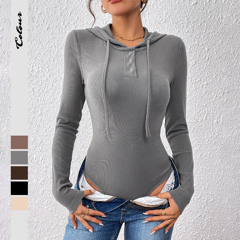 Ribbed Bodysuit with Hood and Henley Placket