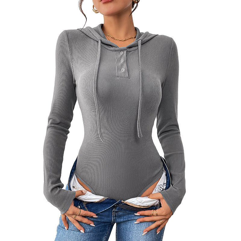 Ribbed Bodysuit with Hood and Henley Placket