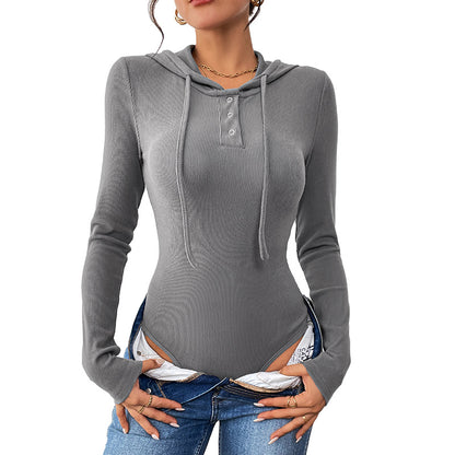 Ribbed Bodysuit with Hood and Henley Placket