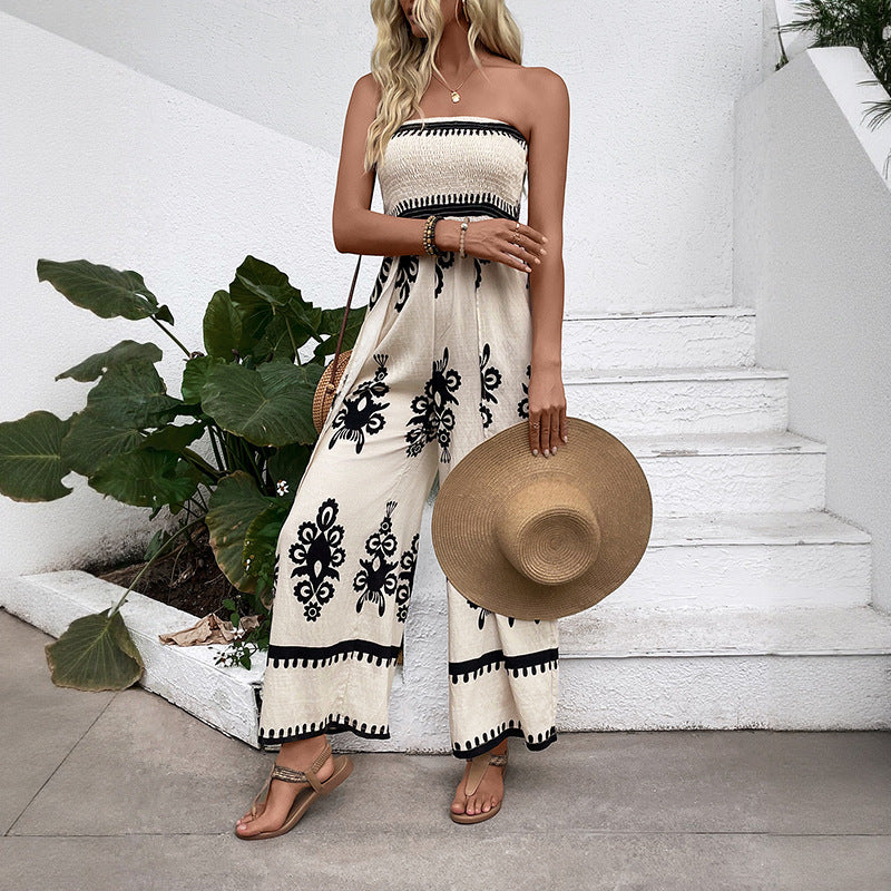 Boho Print Strapless Jumpsuit with Wide-Leg Slits